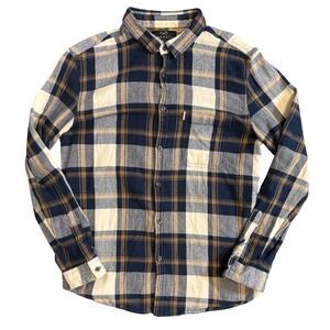 Farrell Plaid Button Down Shirt Mens Large Blue Tan Herringbone Flannel Pocket